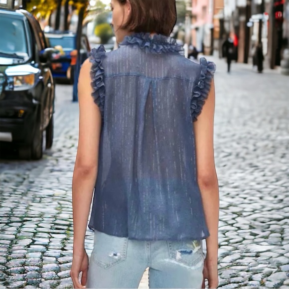 7 for All Mankind Sleeveless Ruffle Trim Shirt Denim and Gold Extra Small NWT - Picture 2 of 16